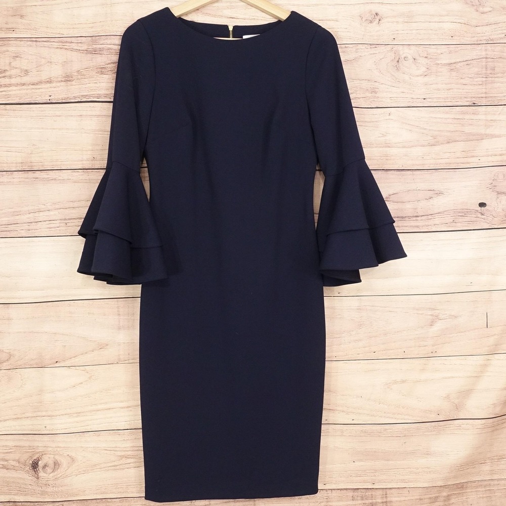 Calvin Klein Dress Womens 4 Blue Sheath Bell Sleeve Ruffle Knit Knee Zip